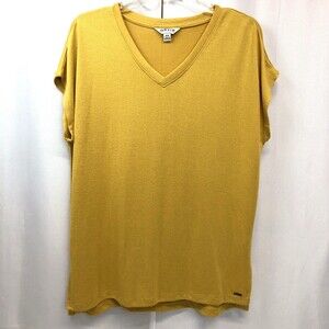 Orvis Womens Top Size Medium Mustard Yellow Gold V Neck Short Sleeve Knit Shirt